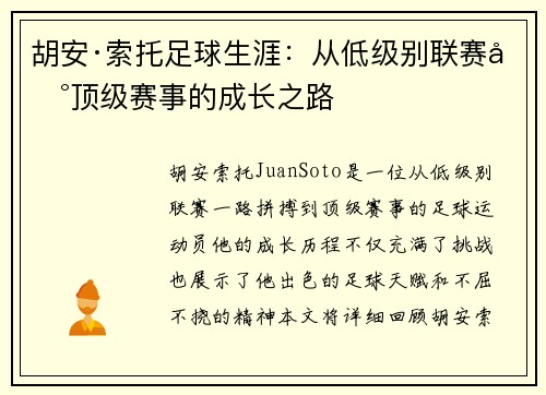 胡安·索托足球生涯：从低级别联赛到顶级赛事的成长之路