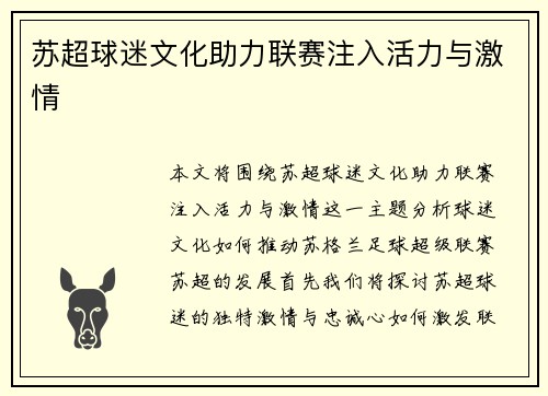 苏超球迷文化助力联赛注入活力与激情